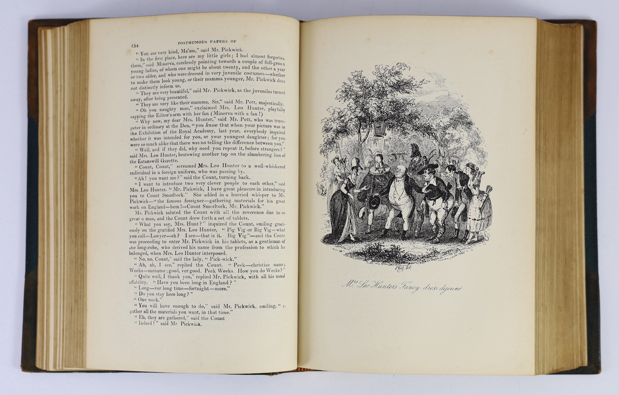 Dickens, Charles - The Posthumous Papers of The Pickwick Club, 2nd edition, 8vo, half leather, with 43 illustrations by R. Seymour and ‘’Phil’’, Chapman and Hall, London, [1837]